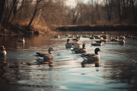 一群鸭子在湖中游泳背景图片