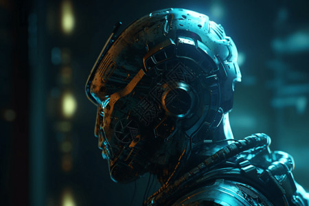 一个在黑暗中戴着头盔的机器人战士背景