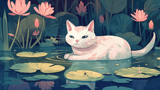 池塘里的鱼一只猫趴在池塘里插画