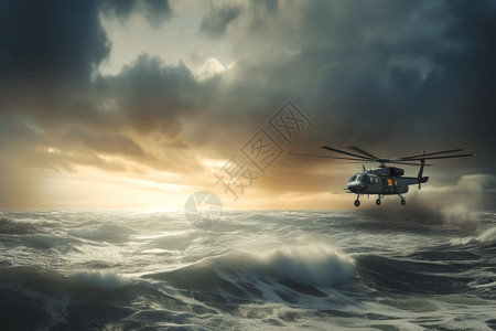 乌云海海面上的直升飞机插画