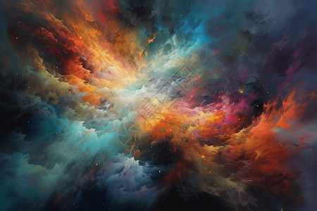 太空中围绕着一团色彩斑斓的星云图片