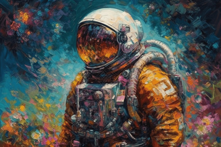 一幅穿着彩色太空服的宇航员油画图片