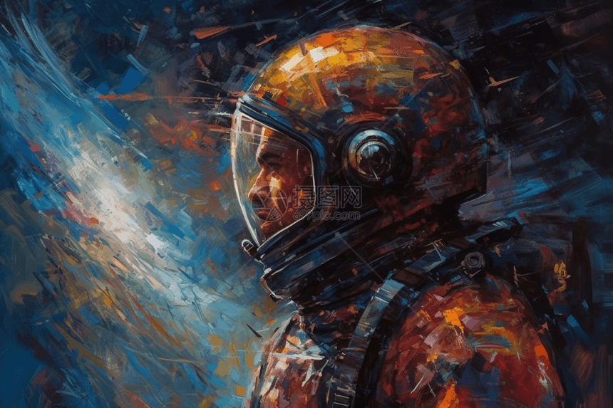 一幅凝视着五颜六色的宇宙景色的宇航员油画图片
