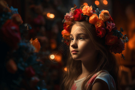 花圈女孩戴着彩色花圈的小女孩背景