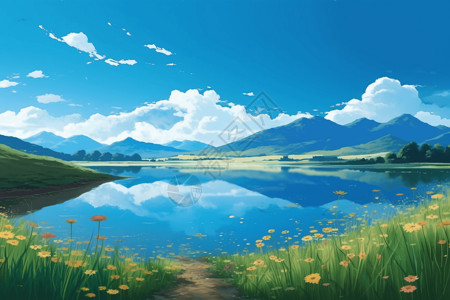景观湖蓝天白云倒映在平静的湖面上插画
