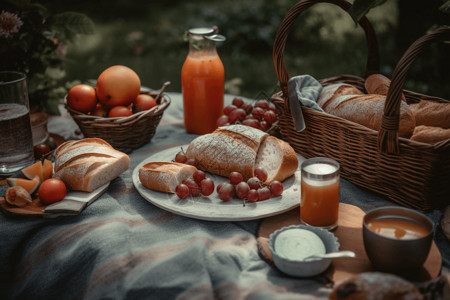 野餐桌上放着面包、水果和果汁图片