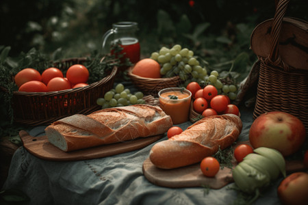 野餐垫上摆放着各种水果和面包图片