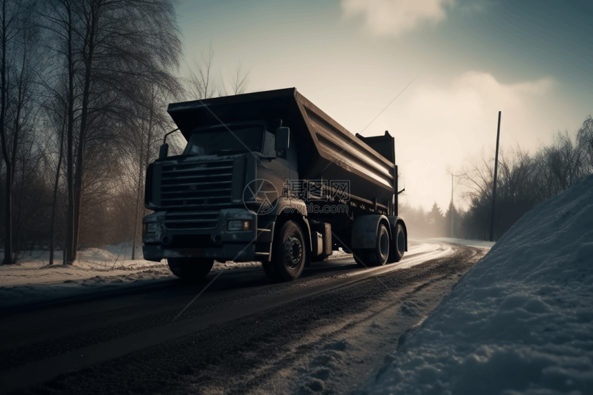 一辆自卸卡车在雪地里行驶图片