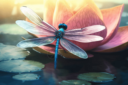 蜻蜓盘旋在莲花上背景图片