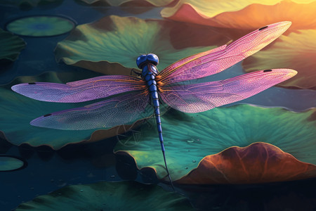 湖水特写蜻蜓的翅膀展宽背景