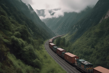 货运列车穿过蜿蜒的山口高清图片