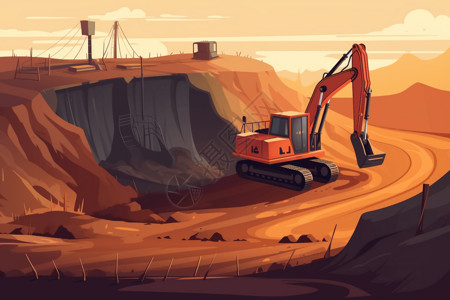 挖地基机器挖一个大坑插画