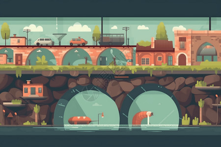隧道建设河下的隧道插画