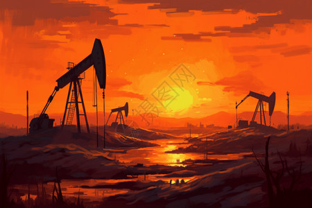 黄昏时候的石油平台图片