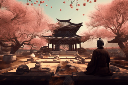 炳灵寺风景寺庙里的樱花插画