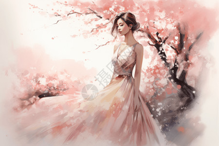 女子晚礼服樱桃树下的女子插画