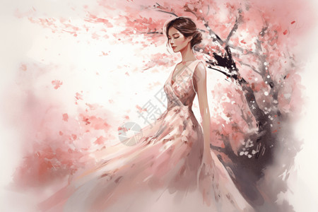 女士晚礼服樱桃树下的女孩插画