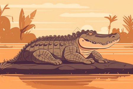 在河岸晒太阳的鳄鱼插画