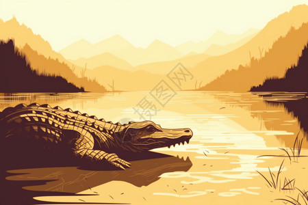 涠洲岛南湾鳄鱼山河岸晒太阳的鳄鱼插画