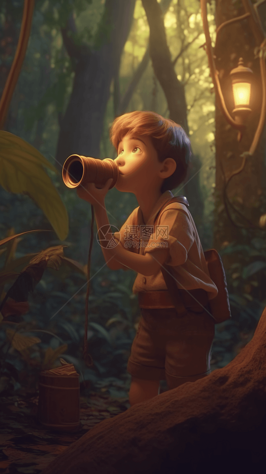 男孩在茂密的森林图片