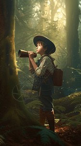 男孩在森林寻找宝藏高清图片