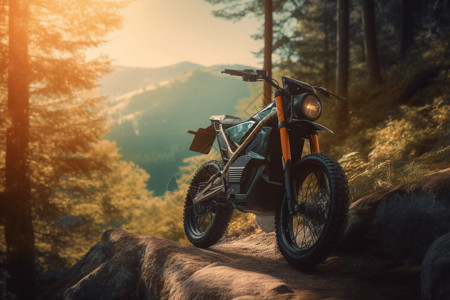 行驶在森林小路的摩托车背景图片