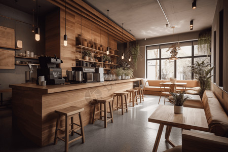 原木色装修的咖啡屋背景图片