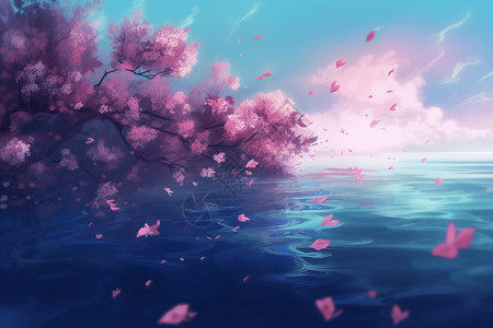 河岸边樱花洒落背景图片
