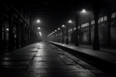 火车站黑白照插画