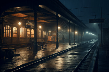 复古铁路夜晚的复古火车站插画