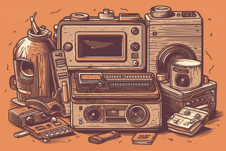 电子管收音机卡通家用电器插画