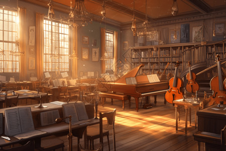 大小提琴有乐器的音乐教室插画