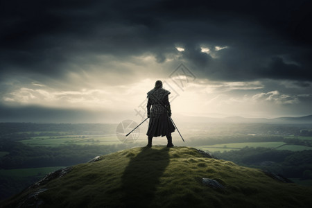 古代男人战士拿着剑站在小山上设计图片