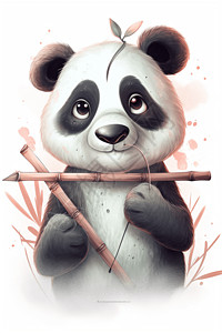 可爱熊猫拿着竹子的插画背景图片