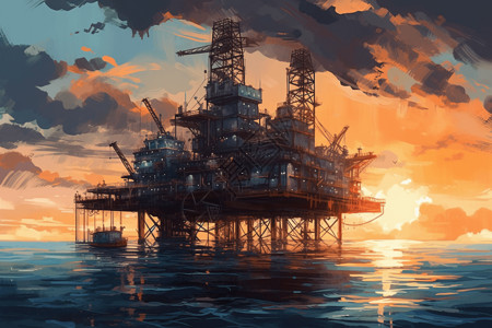 落日下的石油工业图片