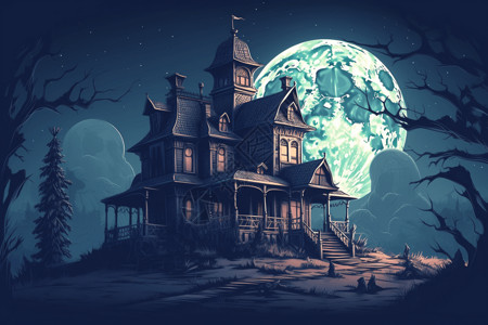 夜晚中的鬼屋背景图片
