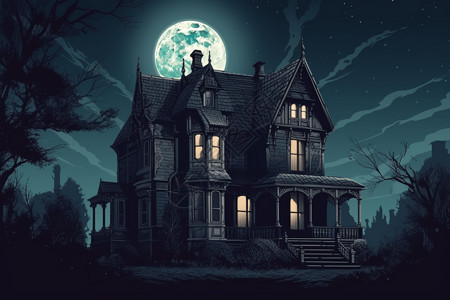 月光下的鬼屋背景图片
