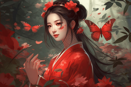 中国古典美女年轻的古装女子插画