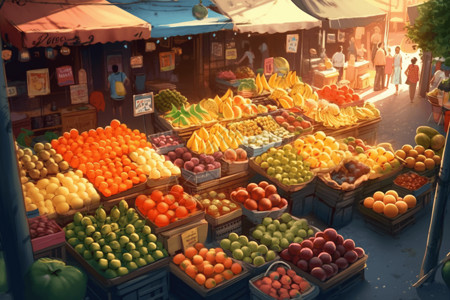 水果摊上的水果摊位上的新鲜水果插画