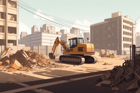 城市拆迁建筑工地上的推土机插画