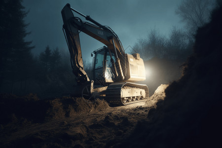 挖沟夜里工作的挖掘机背景
