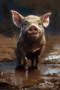 小猪在泥里玩耍高清图片