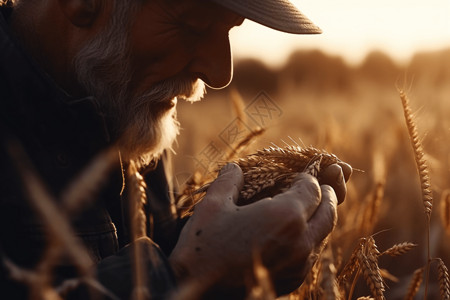 一位农民收获麦子的特写图片