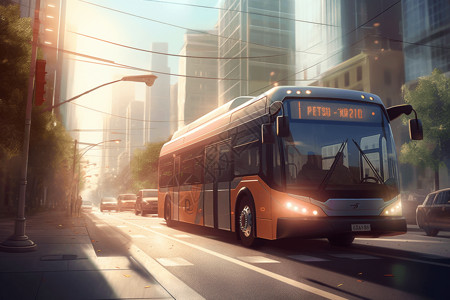 智能卡车智能电动大巴穿梭在城市街道插画