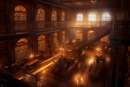 古典室内素材明亮的图书馆插画