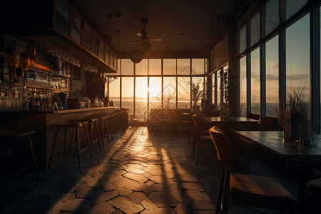 咖啡厅服务员制作咖啡阳光洒进时尚咖啡店设计图片