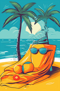 沙滩布晒太阳的芒果插画