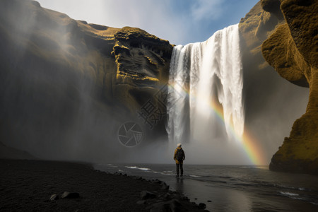 瀑布前的彩虹背景图片