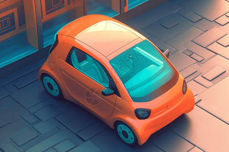 橙色小汽车停靠在城市街道上的电动车设计图片