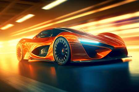 概念车率橙色跑车在赛道上行驶设计图片